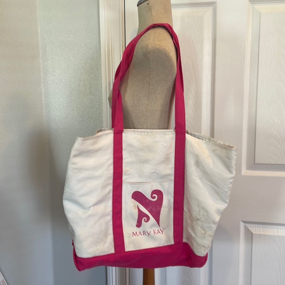 Vintage Mary Kay shoulder bag shopping tote large white pink Canvas